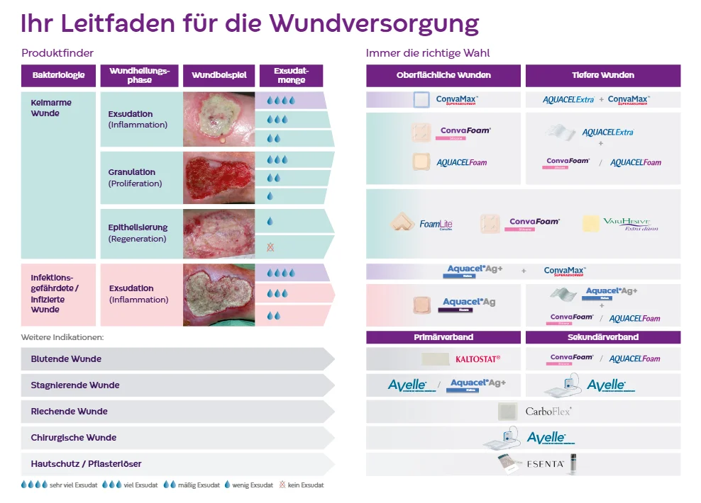 Grafische Darstellung von Wunden und Exsudatmengen um dass passende Produkt zur Wundbehandlung zu finden. 